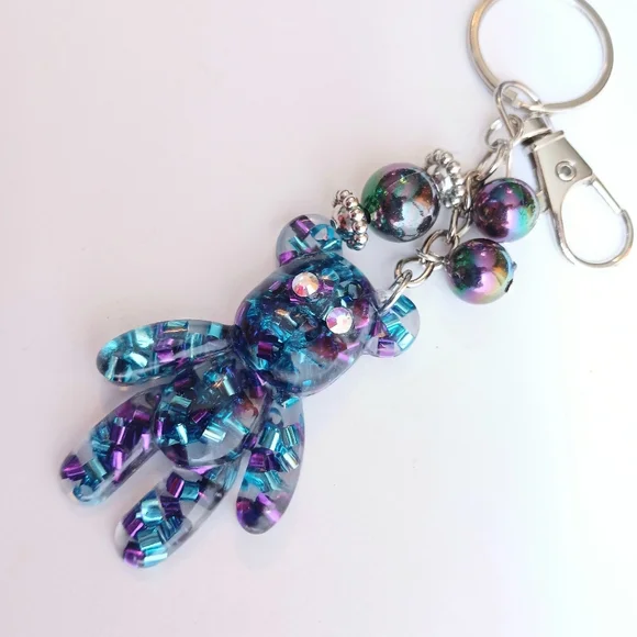 Confetti teddy bear keychain bag purse charm blue purple with rainbow beads new - Picture 5 of 6